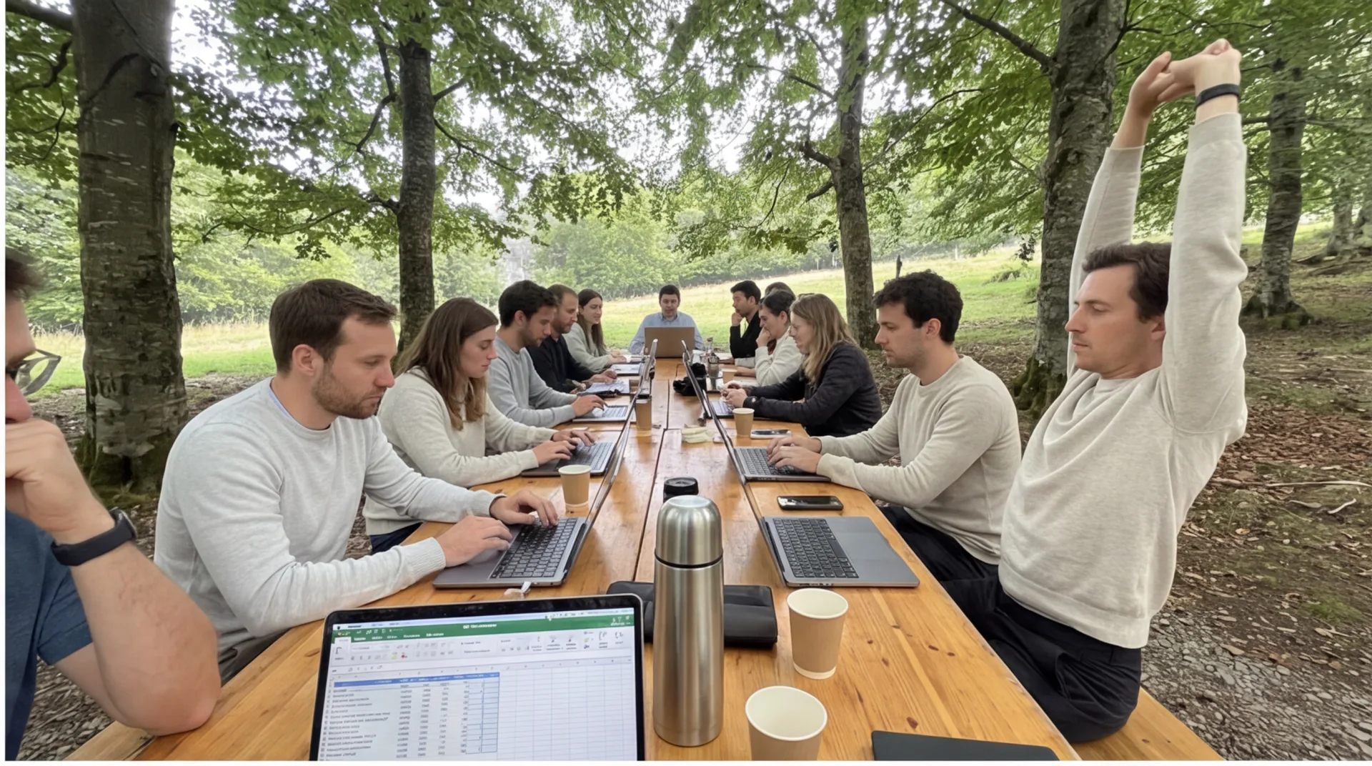 Team al lavoro all'aperto nel bosco della Lessinia