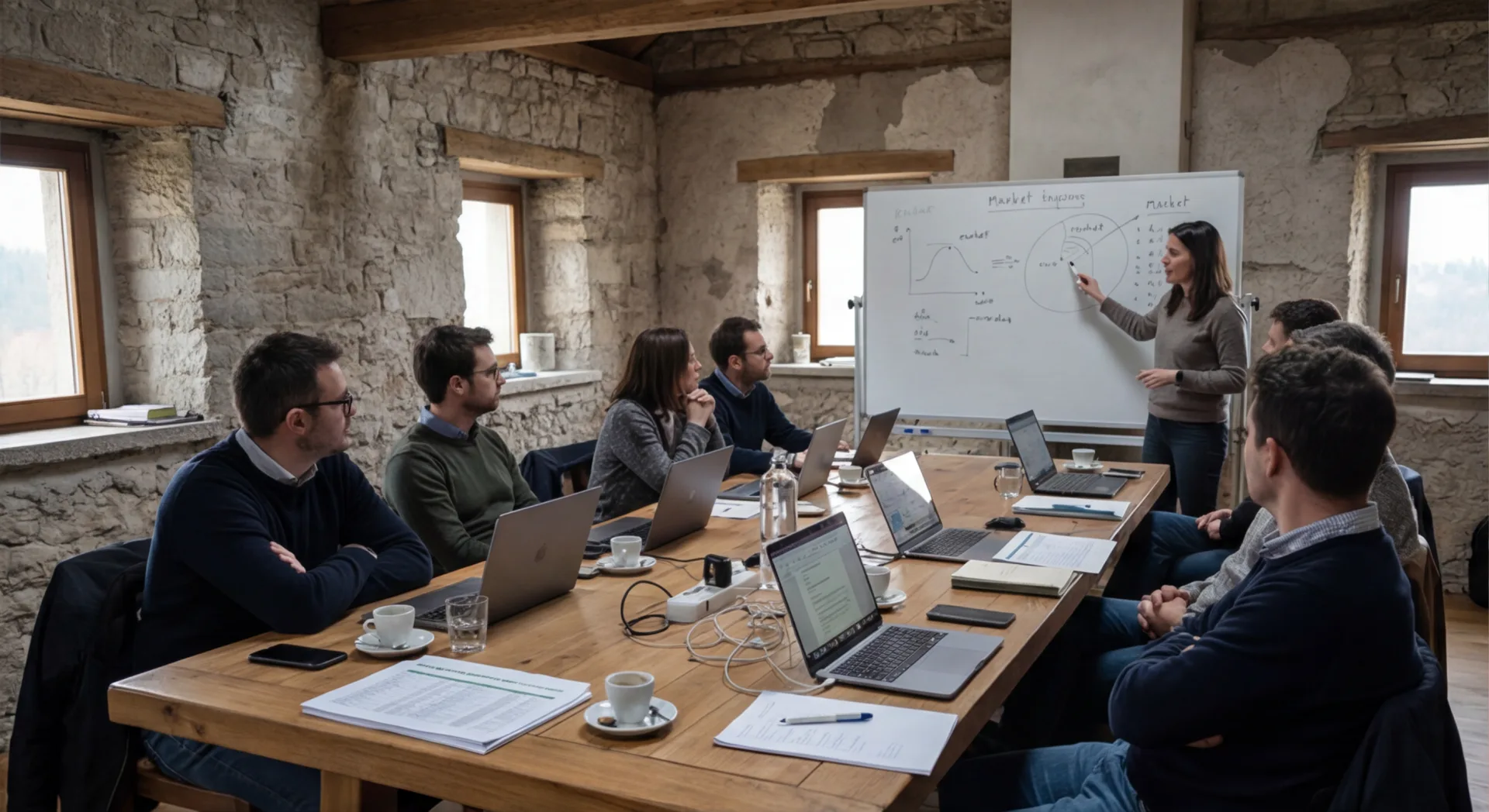 Riunione strategica con whiteboard nella contrada in pietra