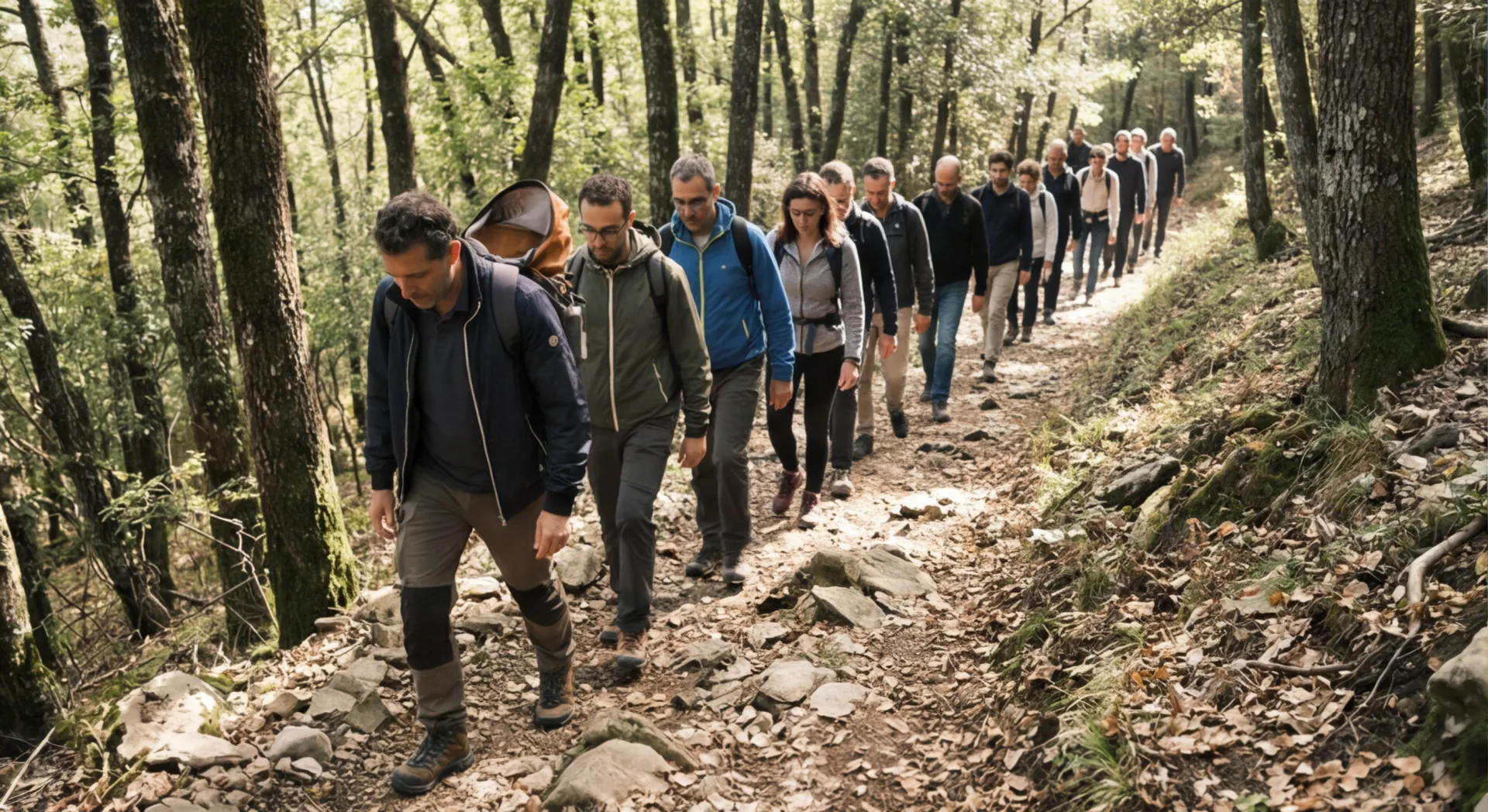 Trekking di team nel bosco di faggi della Lessinia